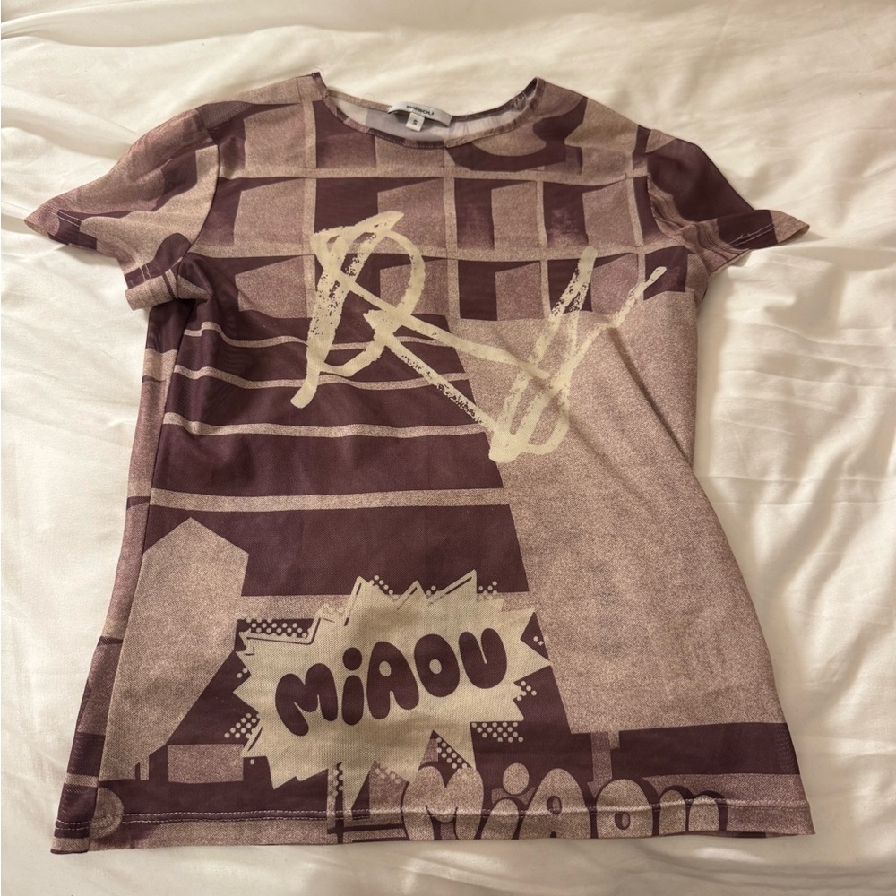 Miaou Graphic Print T-Shirt in Brown and Cream